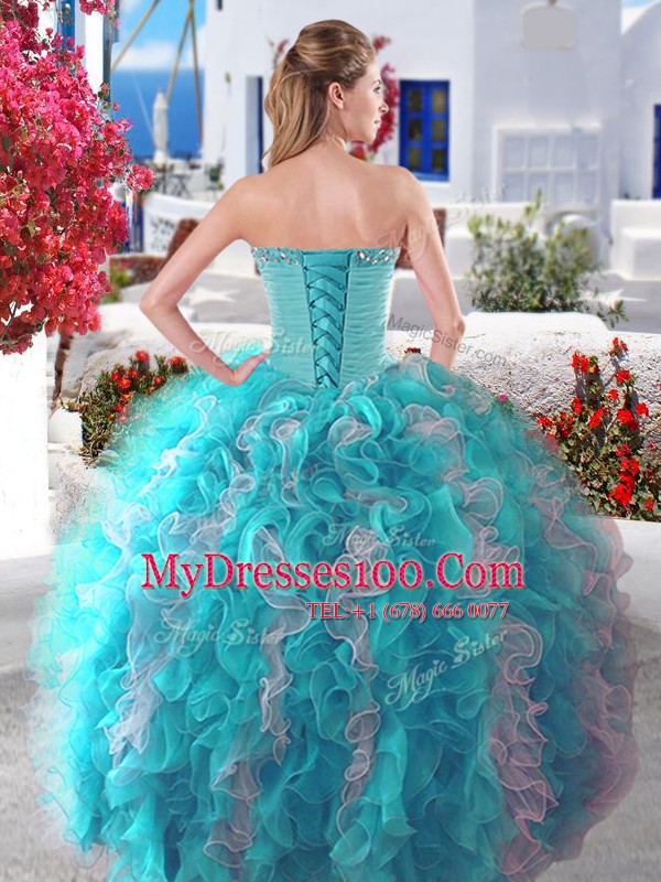 Four Piece White and Baby Blue Ball Gowns Beading Quince Ball Gowns Lace Up Organza Sleeveless Floor Length