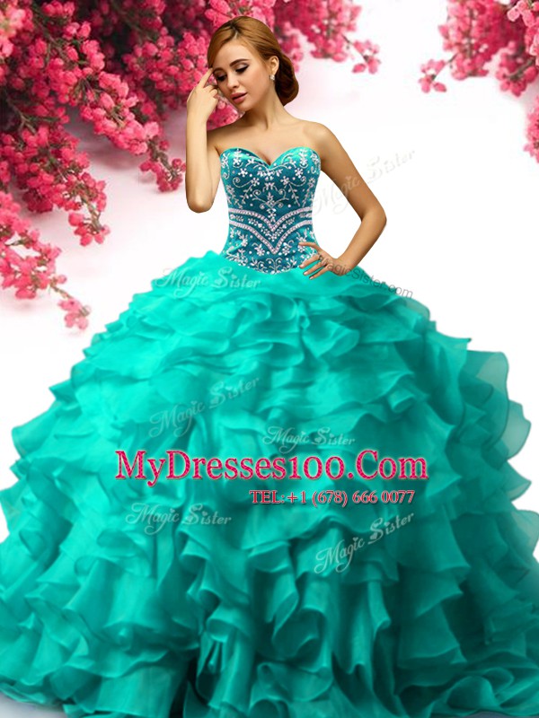Turquoise Sleeveless Organza Lace Up Sweet 16 Dresses for Military Ball and Sweet 16 and Quinceanera