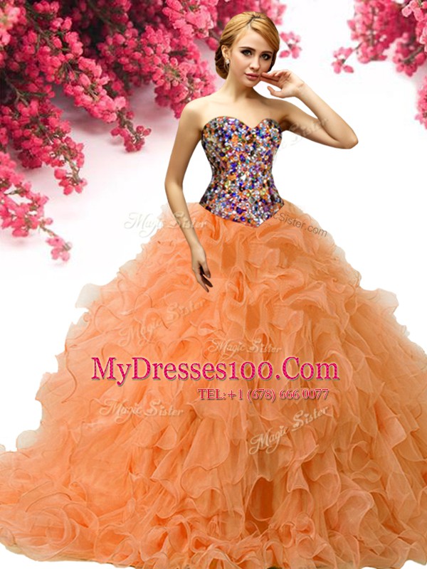 Ball Gowns Ball Gown Prom Dress Orange Sweetheart Organza Sleeveless Floor Length Lace Up