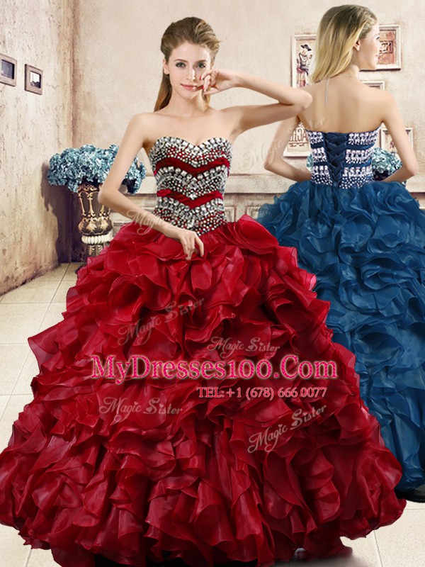 Wine Red Sweetheart Neckline Beading and Ruffles Quince Ball Gowns Sleeveless Lace Up