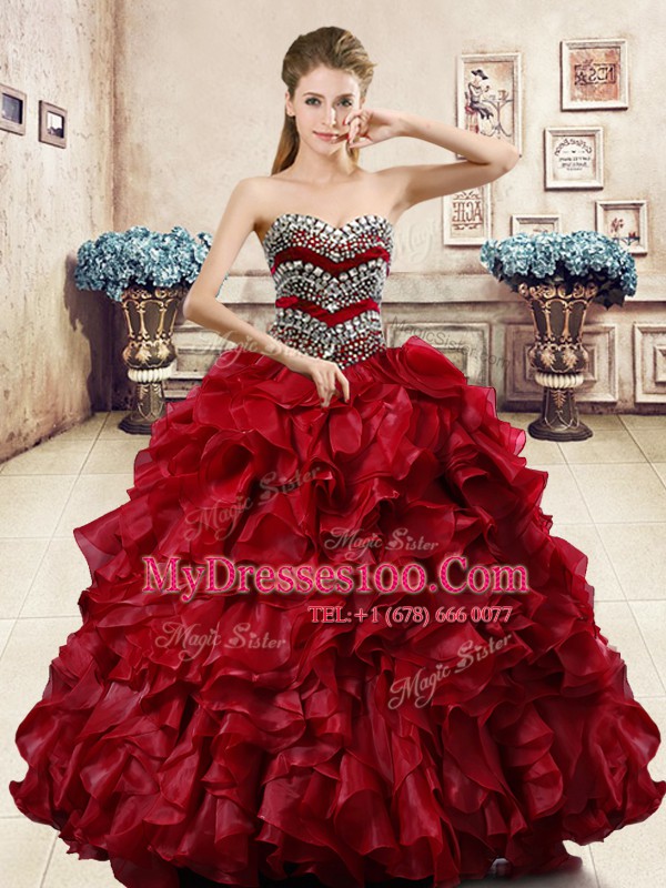Wine Red Sweetheart Neckline Beading and Ruffles Quince Ball Gowns Sleeveless Lace Up