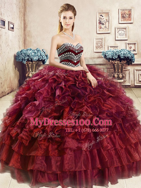 Gorgeous Wine Red Lace Up Sweetheart Beading and Ruffles Ball Gown Prom Dress Organza Sleeveless