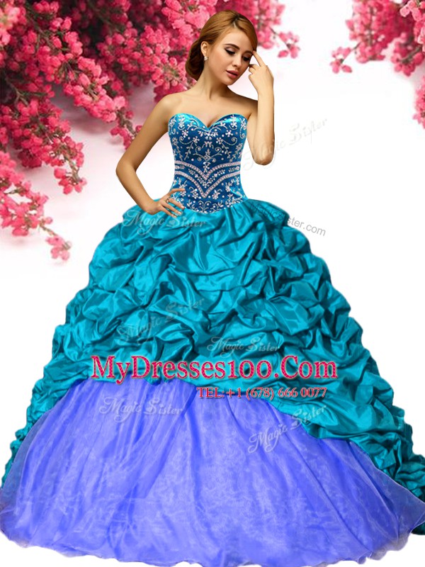Dazzling Sleeveless Brush Train Beading and Pick Ups Lace Up Ball Gown Prom Dress