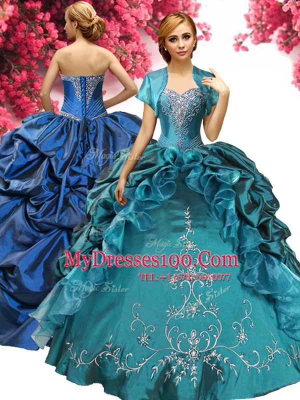 Beading and Embroidery and Pick Ups Ball Gown Prom Dress Teal Lace Up Sleeveless Floor Length