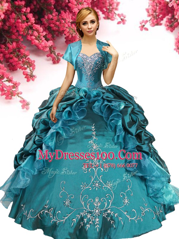 Beading and Embroidery and Pick Ups Ball Gown Prom Dress Teal Lace Up Sleeveless Floor Length