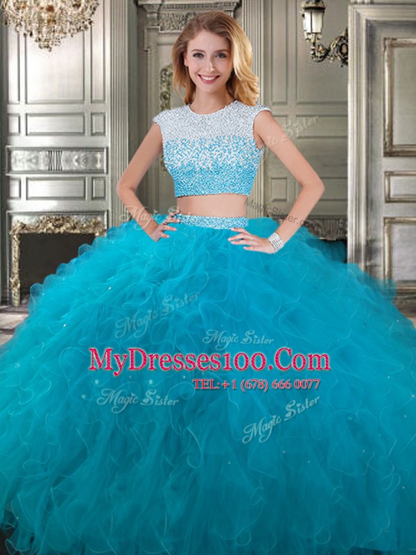 Flirting Three Piece Scoop Cap Sleeves Backless Quinceanera Gowns Teal Tulle