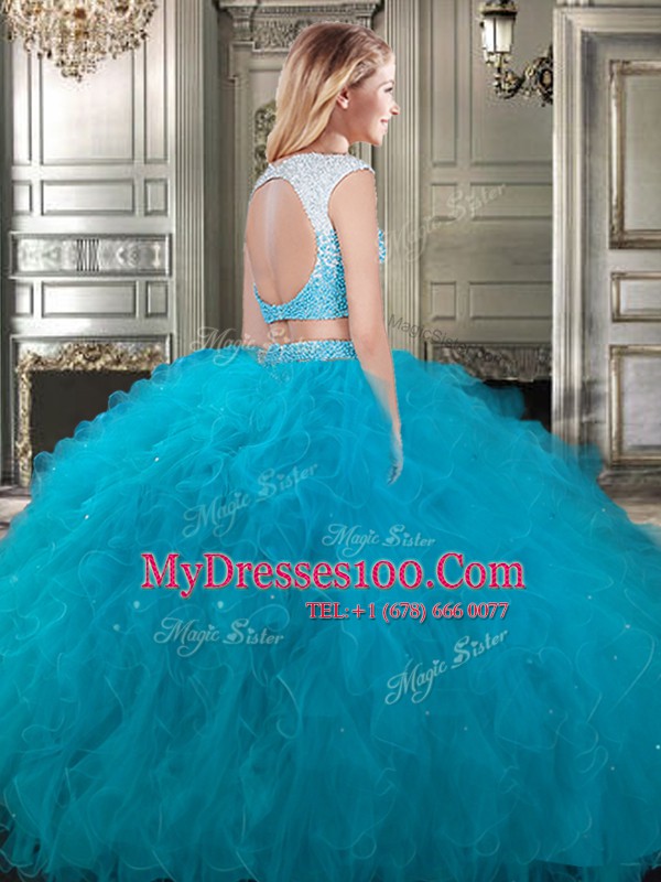 Flirting Three Piece Scoop Cap Sleeves Backless Quinceanera Gowns Teal Tulle