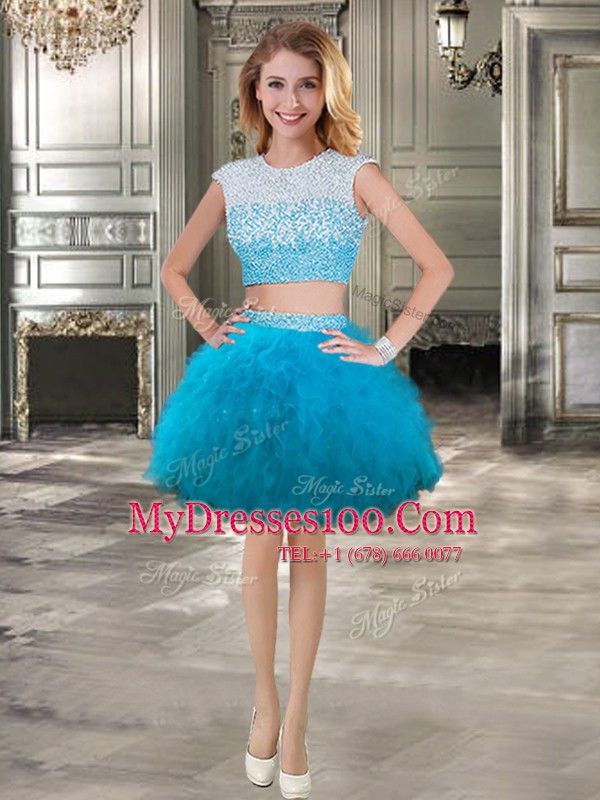 Flirting Three Piece Scoop Cap Sleeves Backless Quinceanera Gowns Teal Tulle