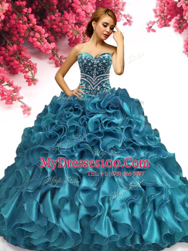 Teal Sleeveless Organza Lace Up Sweet 16 Dresses for Military Ball and Sweet 16 and Quinceanera