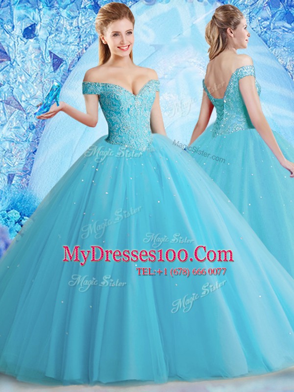 Off the Shoulder Aqua Blue Sleeveless Beading and Lace Floor Length Sweet 16 Quinceanera Dress