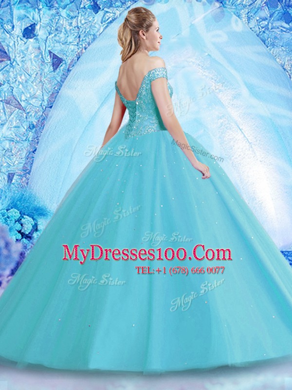 Off the Shoulder Aqua Blue Sleeveless Beading and Lace Floor Length Sweet 16 Quinceanera Dress