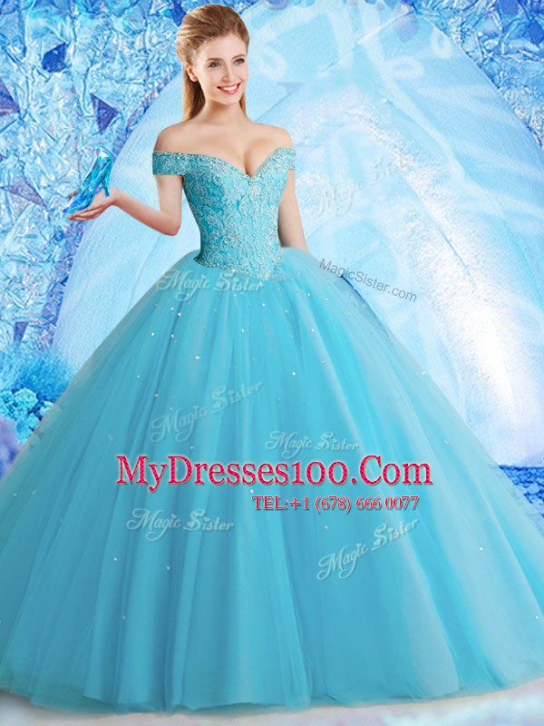 Off the Shoulder Aqua Blue Sleeveless Beading and Lace Floor Length Sweet 16 Quinceanera Dress