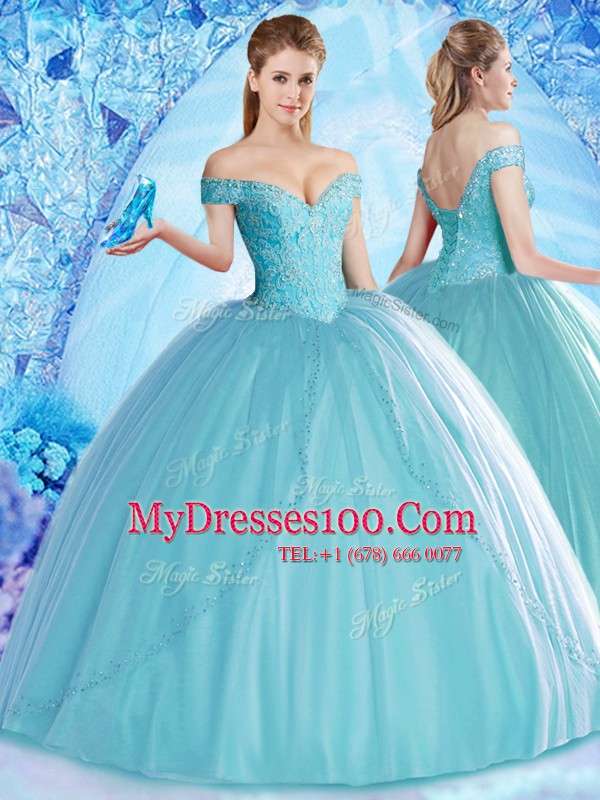 Exquisite Aqua Blue Ball Gown Prom Dress Military Ball and Sweet 16 and Quinceanera and For with Beading Off The Shoulder Sleeveless Lace Up