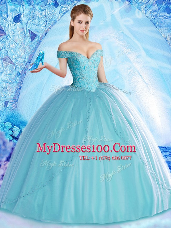 Exquisite Aqua Blue Ball Gown Prom Dress Military Ball and Sweet 16 and Quinceanera and For with Beading Off The Shoulder Sleeveless Lace Up
