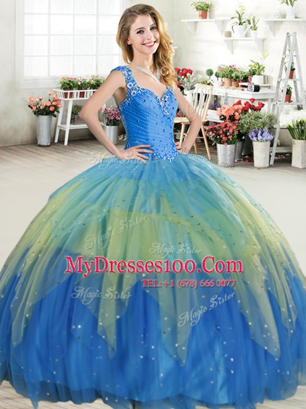 Inexpensive Straps Multi-color Zipper Quinceanera Gowns Beading and Ruffled Layers Sleeveless Floor Length