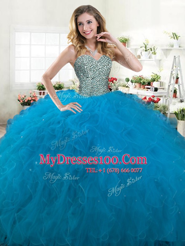 Floor Length Teal Quinceanera Gowns Sweetheart Sleeveless Lace Up