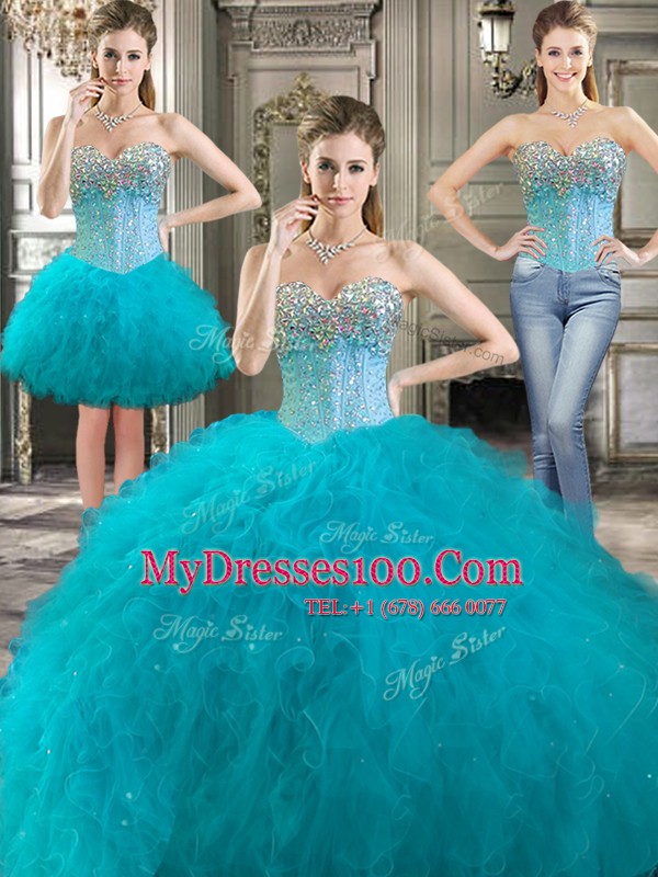 Three Piece Sleeveless Beading and Ruffles Lace Up Sweet 16 Dresses
