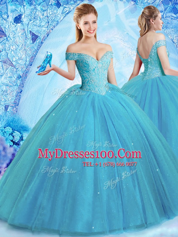 Off the Shoulder With Train Ball Gowns Sleeveless Teal Sweet 16 Quinceanera Dress Brush Train Lace Up