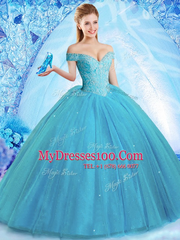 Off the Shoulder With Train Ball Gowns Sleeveless Teal Sweet 16 Quinceanera Dress Brush Train Lace Up