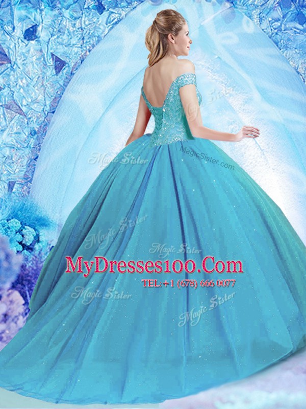 Off the Shoulder With Train Ball Gowns Sleeveless Teal Sweet 16 Quinceanera Dress Brush Train Lace Up