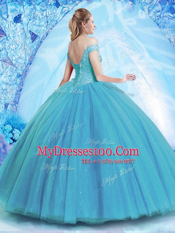 Off the Shoulder With Train Ball Gowns Sleeveless Teal Sweet 16 Quinceanera Dress Brush Train Lace Up