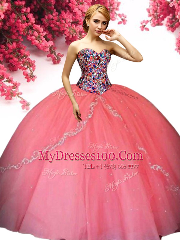 Tulle Sweetheart Sleeveless Lace Up Beading Vestidos de Quinceanera in Watermelon Red