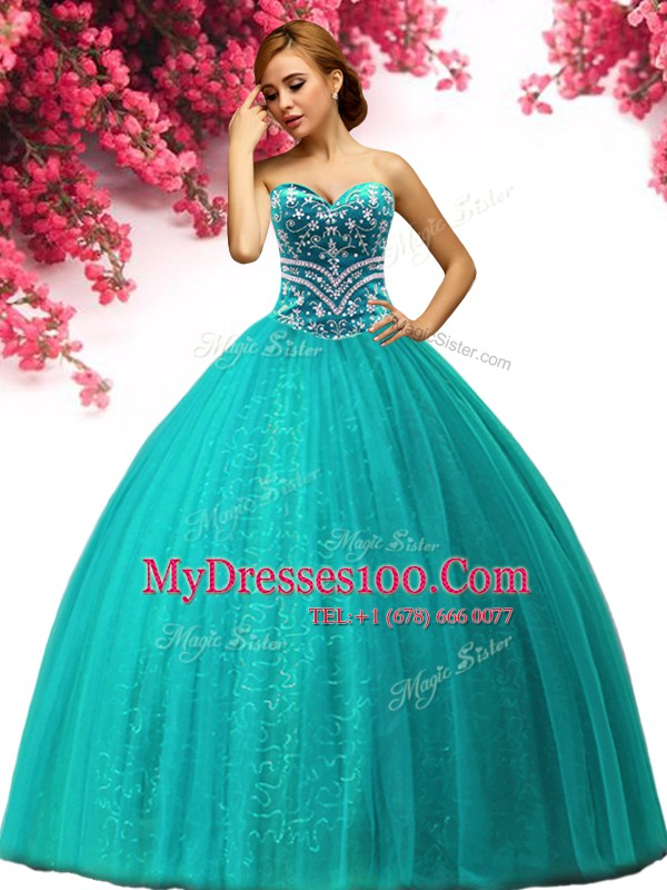 Sweetheart Sleeveless Lace Up 15th Birthday Dress Turquoise Tulle
