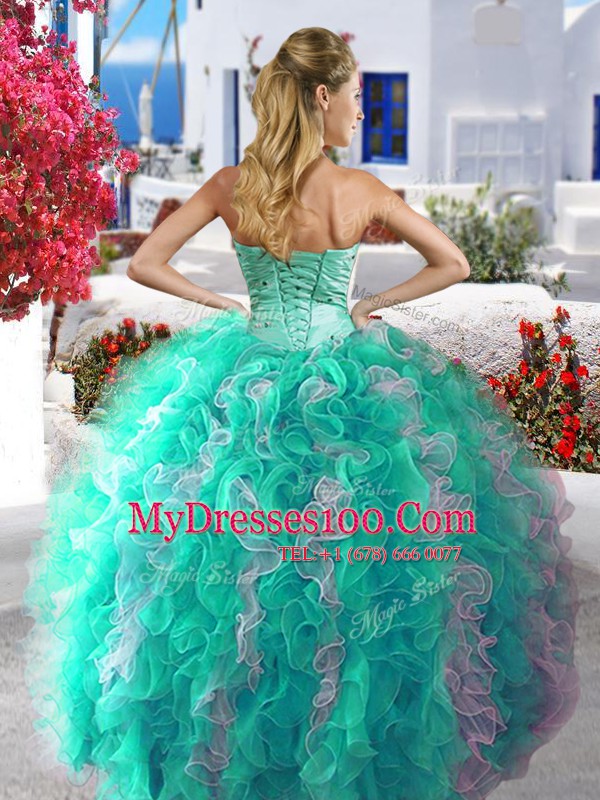Four Piece Sleeveless Organza Floor Length Lace Up 15 Quinceanera Dress in White and Turquoise with Beading