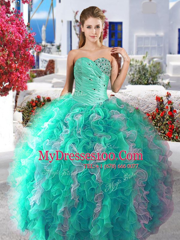 Four Piece Sleeveless Organza Floor Length Lace Up 15 Quinceanera Dress in White and Turquoise with Beading