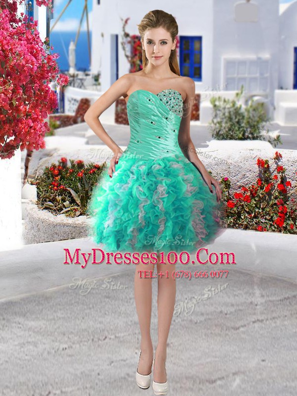 Four Piece Sleeveless Organza Floor Length Lace Up 15 Quinceanera Dress in White and Turquoise with Beading