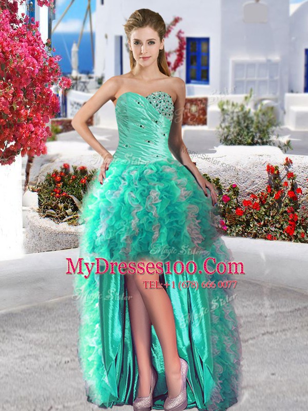 Four Piece Sleeveless Organza Floor Length Lace Up 15 Quinceanera Dress in White and Turquoise with Beading