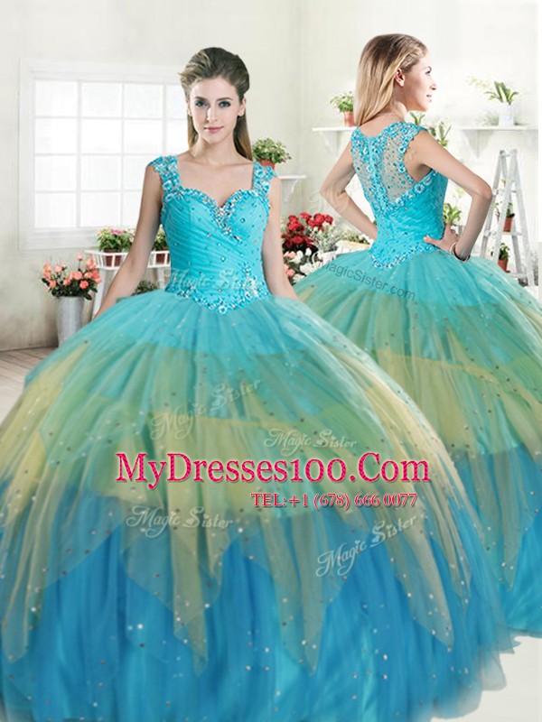 Fine Straps Multi-color Zipper Quinceanera Dresses Beading and Ruffled Layers Sleeveless Floor Length