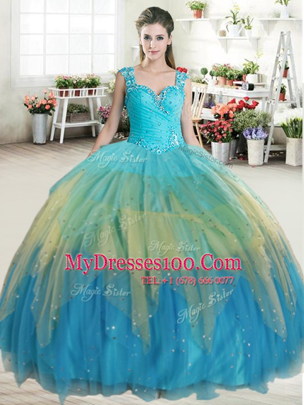 Fine Straps Multi-color Zipper Quinceanera Dresses Beading and Ruffled Layers Sleeveless Floor Length