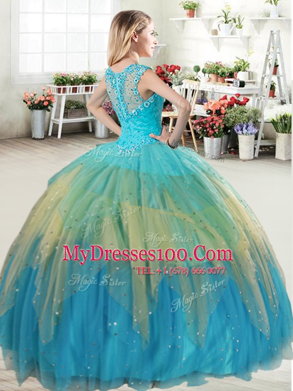 Fine Straps Multi-color Zipper Quinceanera Dresses Beading and Ruffled Layers Sleeveless Floor Length