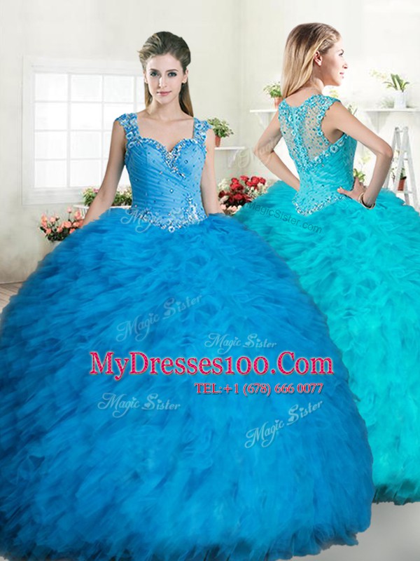 Straps Sleeveless Beading and Ruffles Zipper Quinceanera Dress