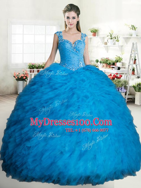 Straps Sleeveless Beading and Ruffles Zipper Quinceanera Dress