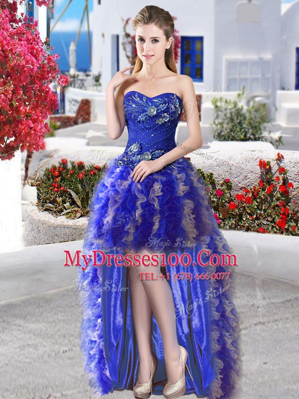 High Low Lace Up Ball Gown Prom Dress Royal Blue for Prom and Party with Appliques and Ruffles
