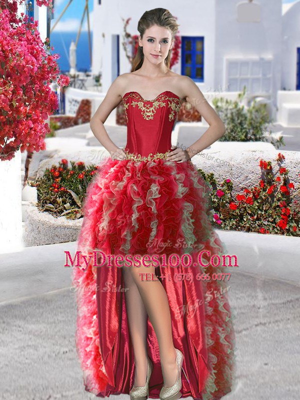 Flare Sweetheart Sleeveless Military Ball Gowns High Low Appliques and Ruffles Red Organza
