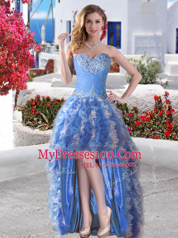 Flirting Blue Sleeveless Appliques and Ruffles High Low Military Ball Dresses For Women