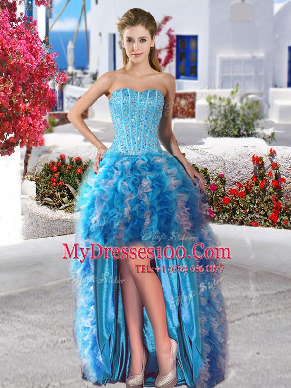 Sumptuous Sweetheart Sleeveless Military Ball Gowns High Low Beading and Ruffles Baby Blue Organza