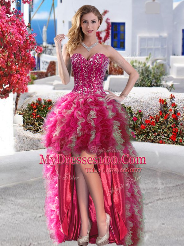 Glorious Fuchsia Sleeveless Beading and Ruffles High Low Military Ball Gown