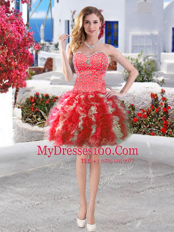 Fantastic Red Ball Gowns Beading and Ruffles Party Dress for Toddlers Lace Up Organza Sleeveless Mini Length