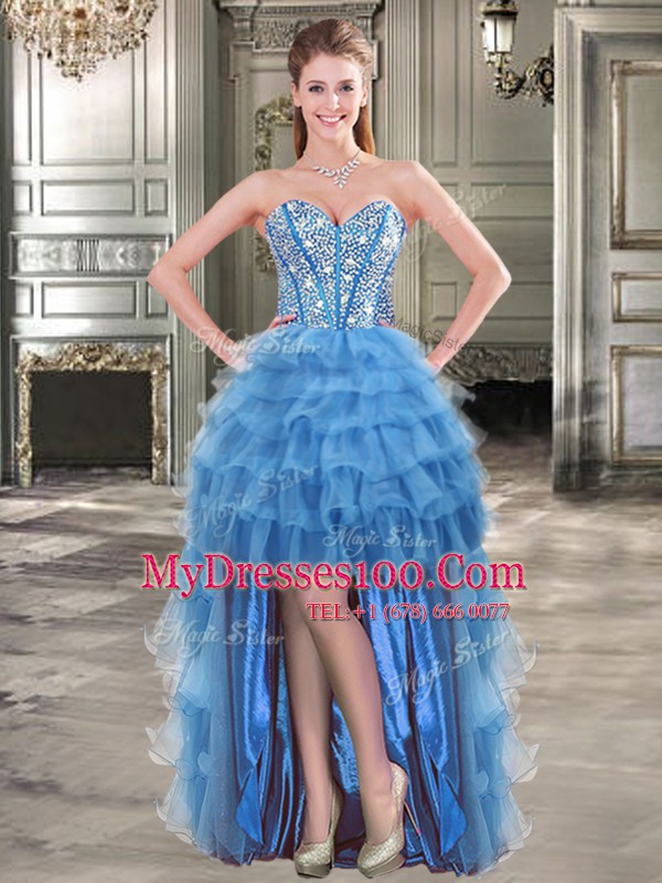 Glamorous Blue A-line Beading and Ruffled Layers Ball Gown Prom Dress Lace Up Organza Sleeveless High Low