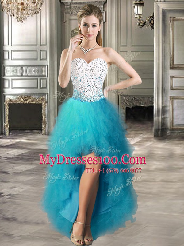 Teal Military Ball Dresses Prom and Party and For with Beading and Ruffles Sweetheart Sleeveless Lace Up