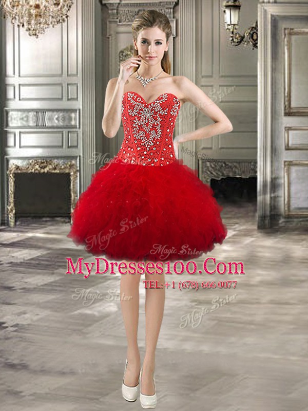 Admirable Sleeveless Mini Length Beading and Ruffles Lace Up Womens Party Dresses with Red