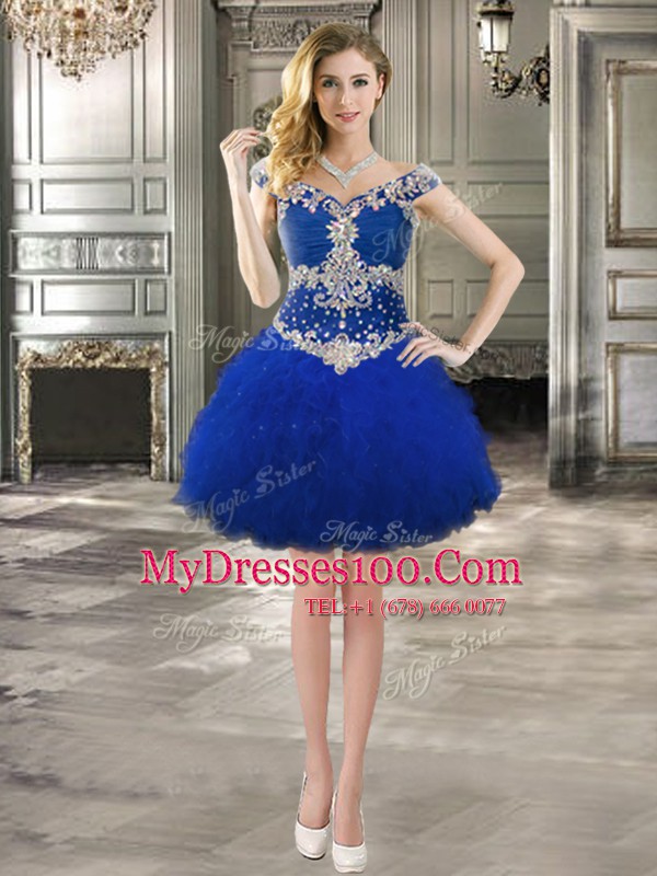 Attractive Off the Shoulder Cap Sleeves Beading and Ruffles Lace Up Prom Dress