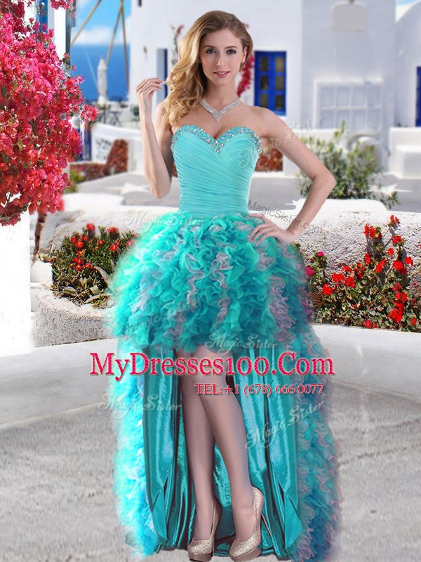 Lovely Aqua Blue Lace Up Military Ball Gown Beading and Ruffles Sleeveless High Low