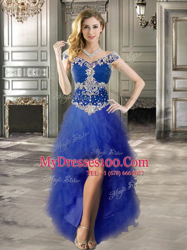 Off The Shoulder Cap Sleeves Military Ball Dresses For Women High Low Beading and Ruffles Royal Blue Tulle