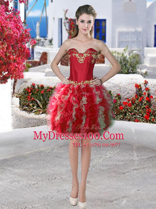 High Quality Red Ball Gowns Appliques and Ruffles Womens Party Dresses Lace Up Organza Sleeveless Mini Length