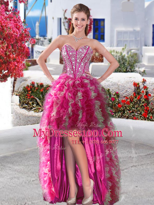 Exquisite Fuchsia Sleeveless Beading and Ruffles High Low Military Ball Gown